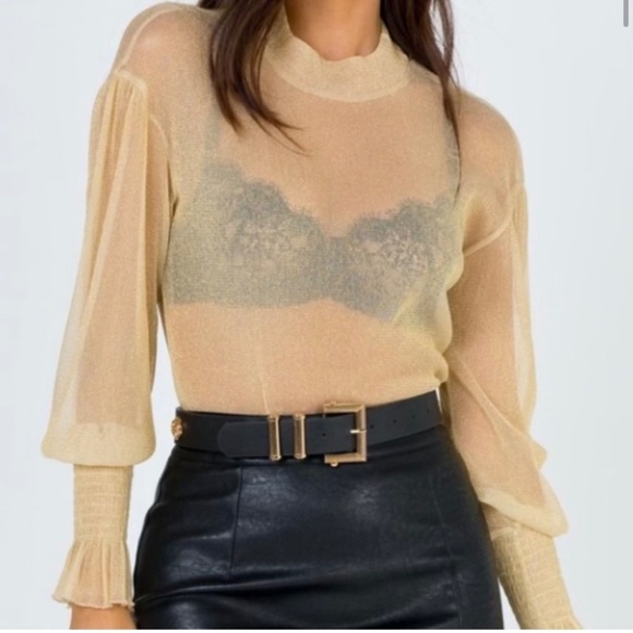 NWOT Princess Polly Sheer Long Sleeve Mock Neck Top | Gold | Size 0 - Picture 2 of 9
